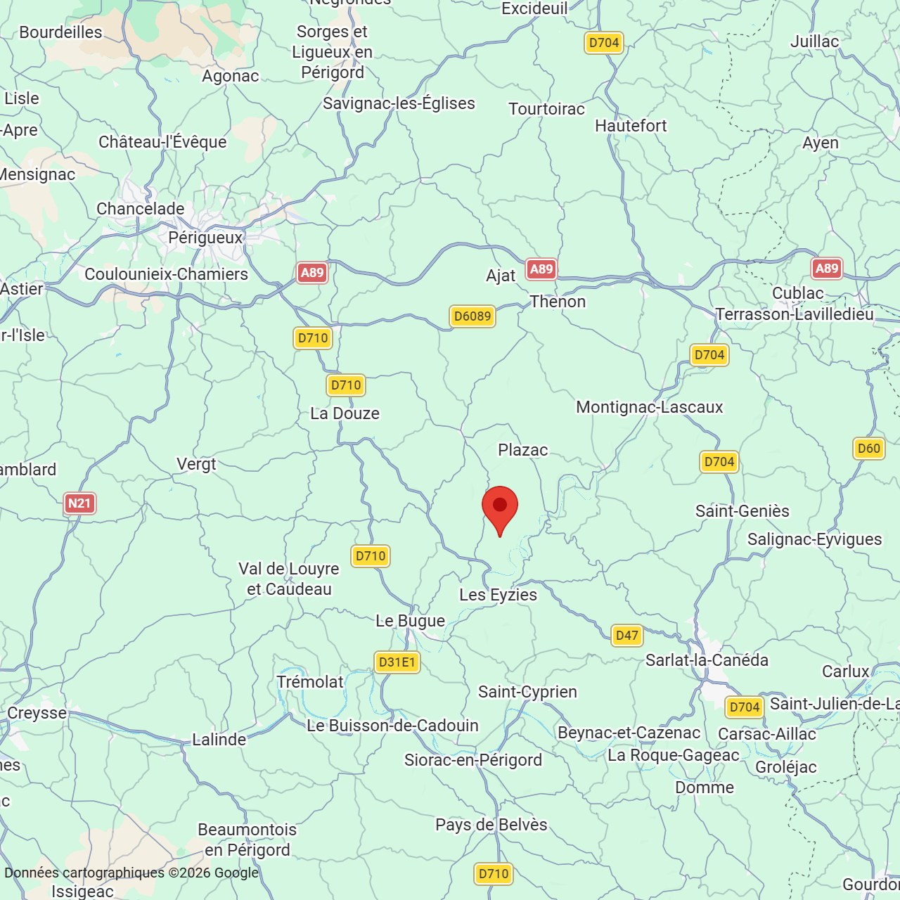 Carte Google Maps situant l’Auberge de Layotte entre Périgueux et Sarlat, près des Eyzies.
