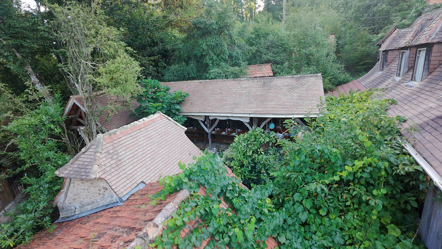 Les toits de tuiles de l’auberge au milieu des arbres.